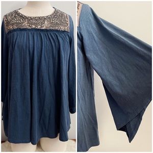 Anthropologie Deletta Blue Beaded Bell Sleeve Top Sz XS